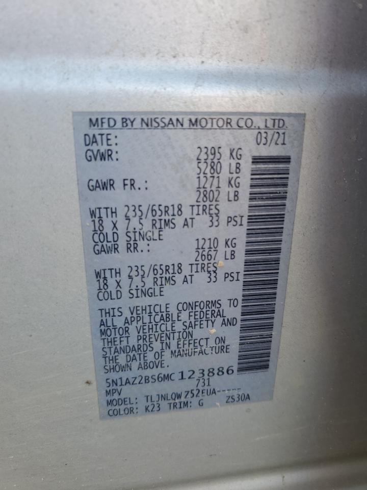 2021 Nissan Murano Sv VIN: 5N1AZ2BS6MC123886 Lot: 69191975