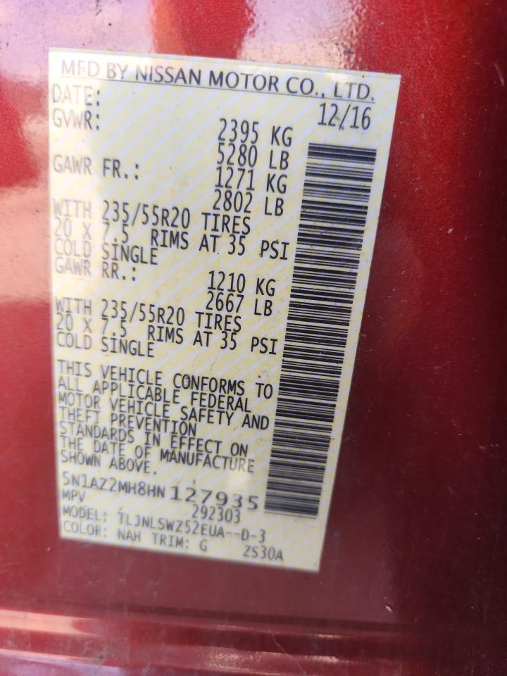 2017 Nissan Murano S VIN: 5N1AZ2MH8HN127935 Lot: 71104945