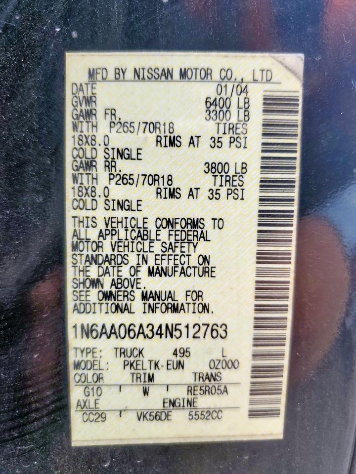 2004 Nissan Titan Xe VIN: 1N6AA06A34N512763 Lot: 66618115