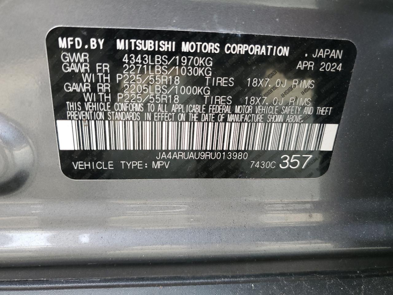 2024 Mitsubishi Outlander Sport S/Se VIN: JA4ARUAU9RU013980 Lot: 67401605