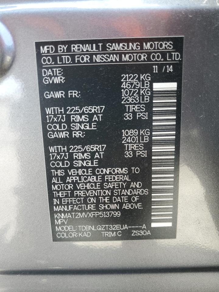 2015 Nissan Rogue S VIN: KNMAT2MVXFP513799 Lot: 69421855
