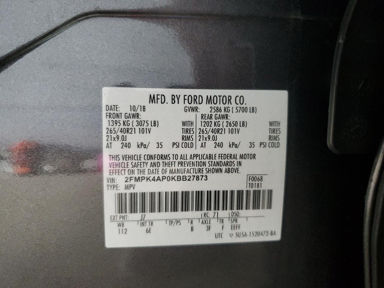 2019 Ford Edge St VIN: 2FMPK4AP0KBB27873 Lot: 67480405