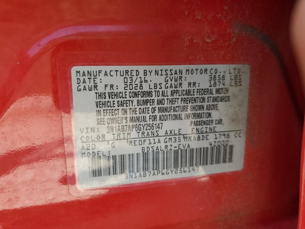 2016 Nissan Sentra S VIN: 3N1AB7AP6GY25614 Lot: 70206065