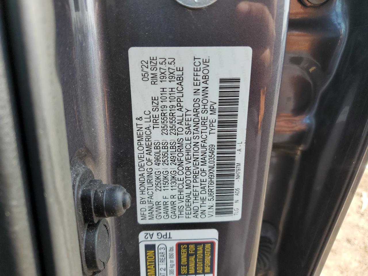 2022 Honda Cr-V Touring VIN: 5J6RT6H9XNL035469 Lot: 70647725