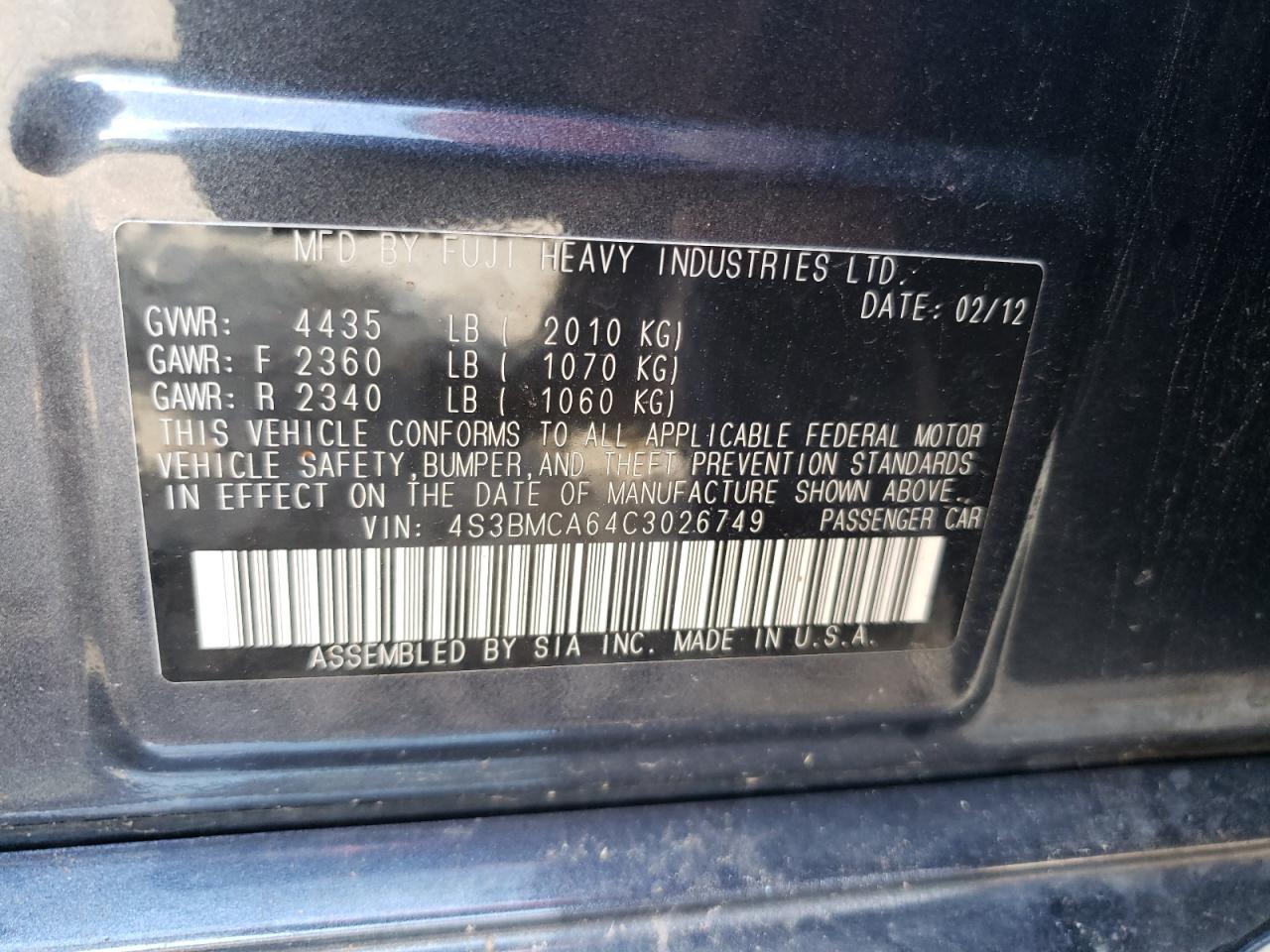 2012 Subaru Legacy 2.5I VIN: 4S3BMCA64C3026749 Lot: 69675045