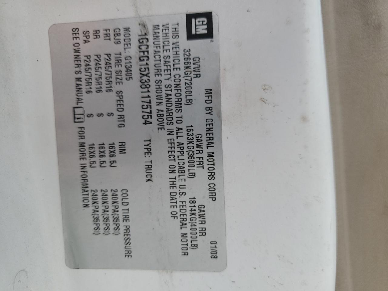 2008 Chevrolet Express G1500 VIN: 1GCFG15X381175754 Lot: 69229885