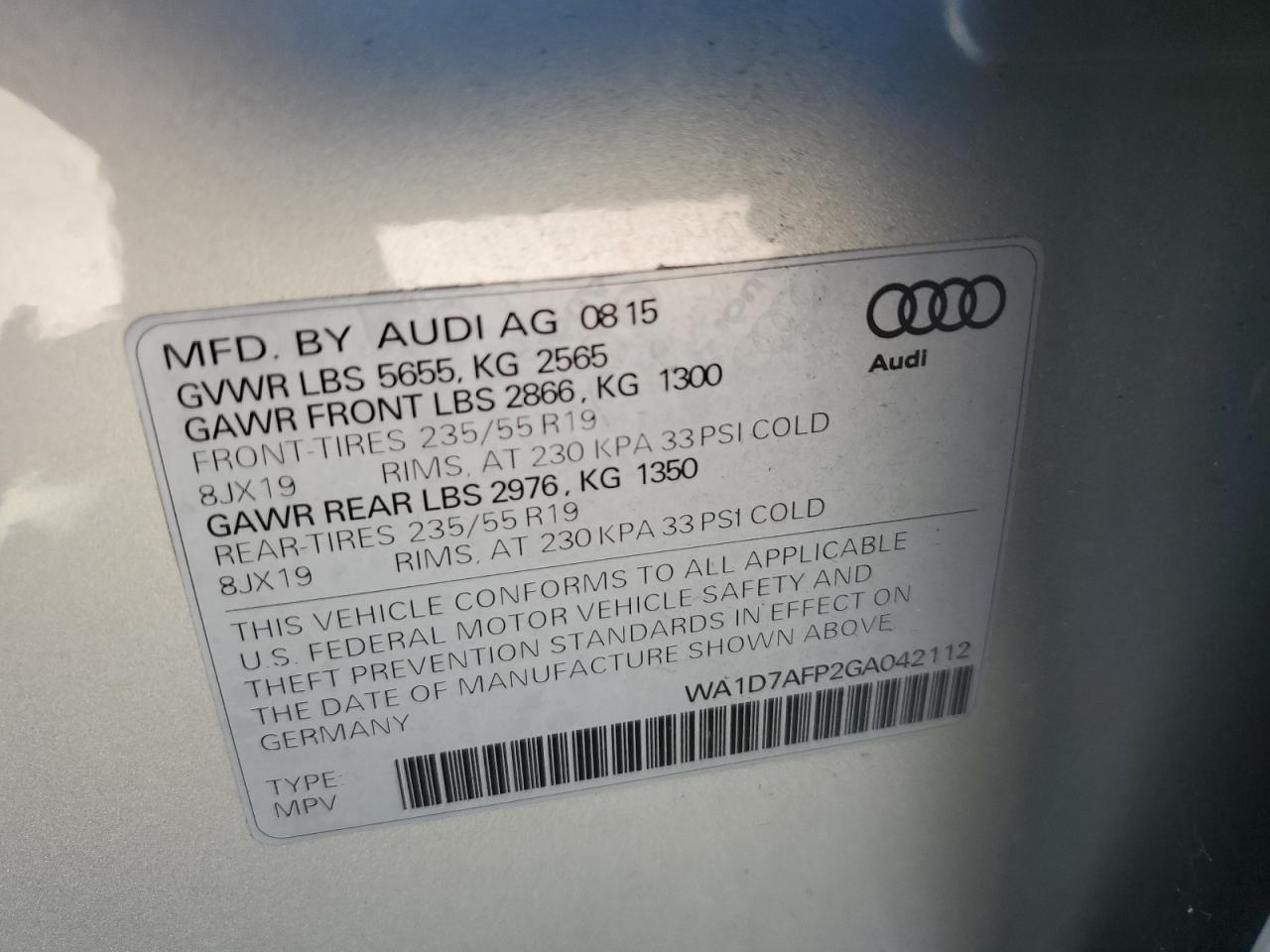 2016 Audi Q5 Premium Plus S-Line VIN: WA1D7AFP2GA042112 Lot: 69395255