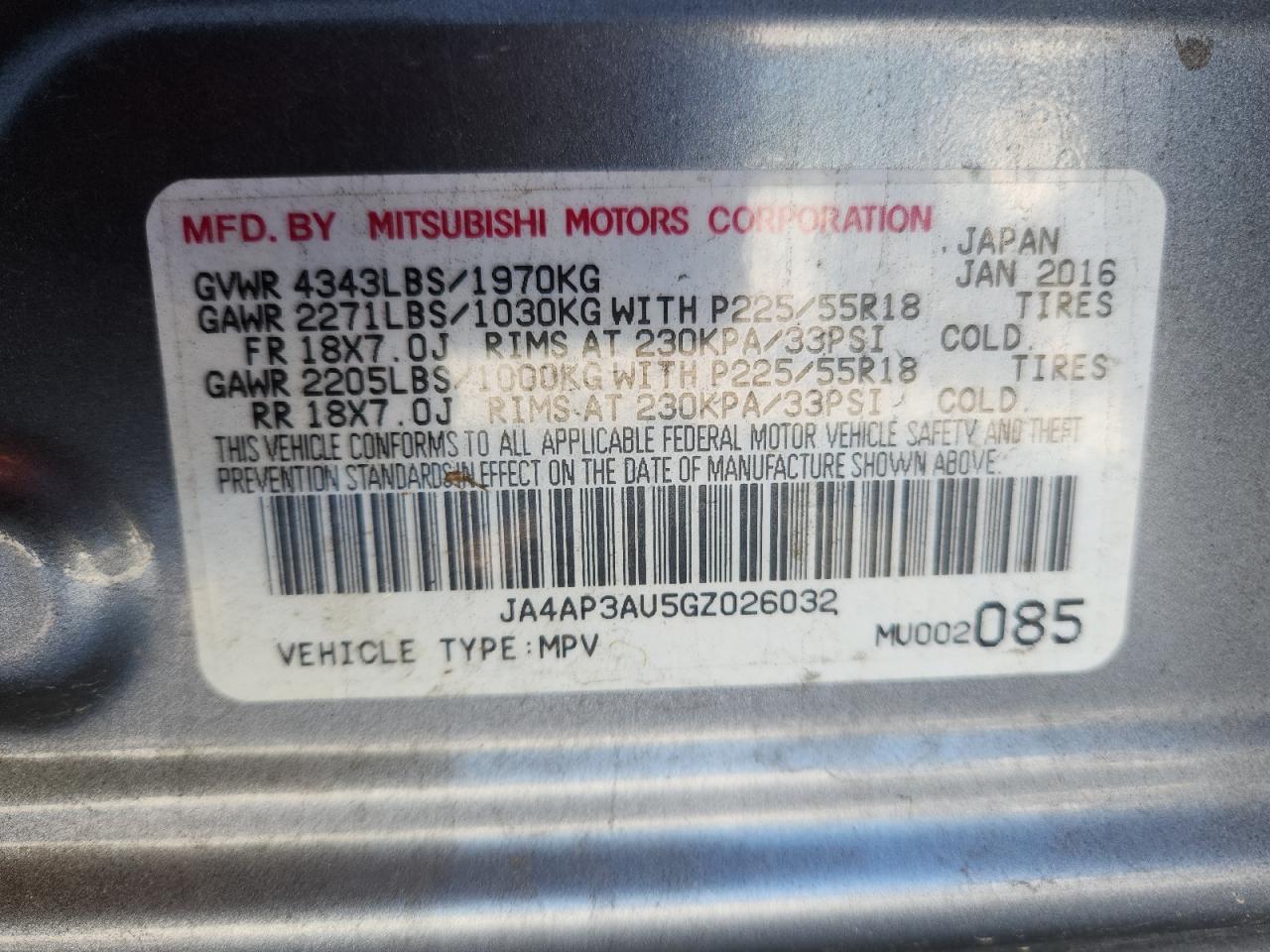 2016 Mitsubishi Outlander Sport Es VIN: JA4AP3AU5GZ026032 Lot: 70117085