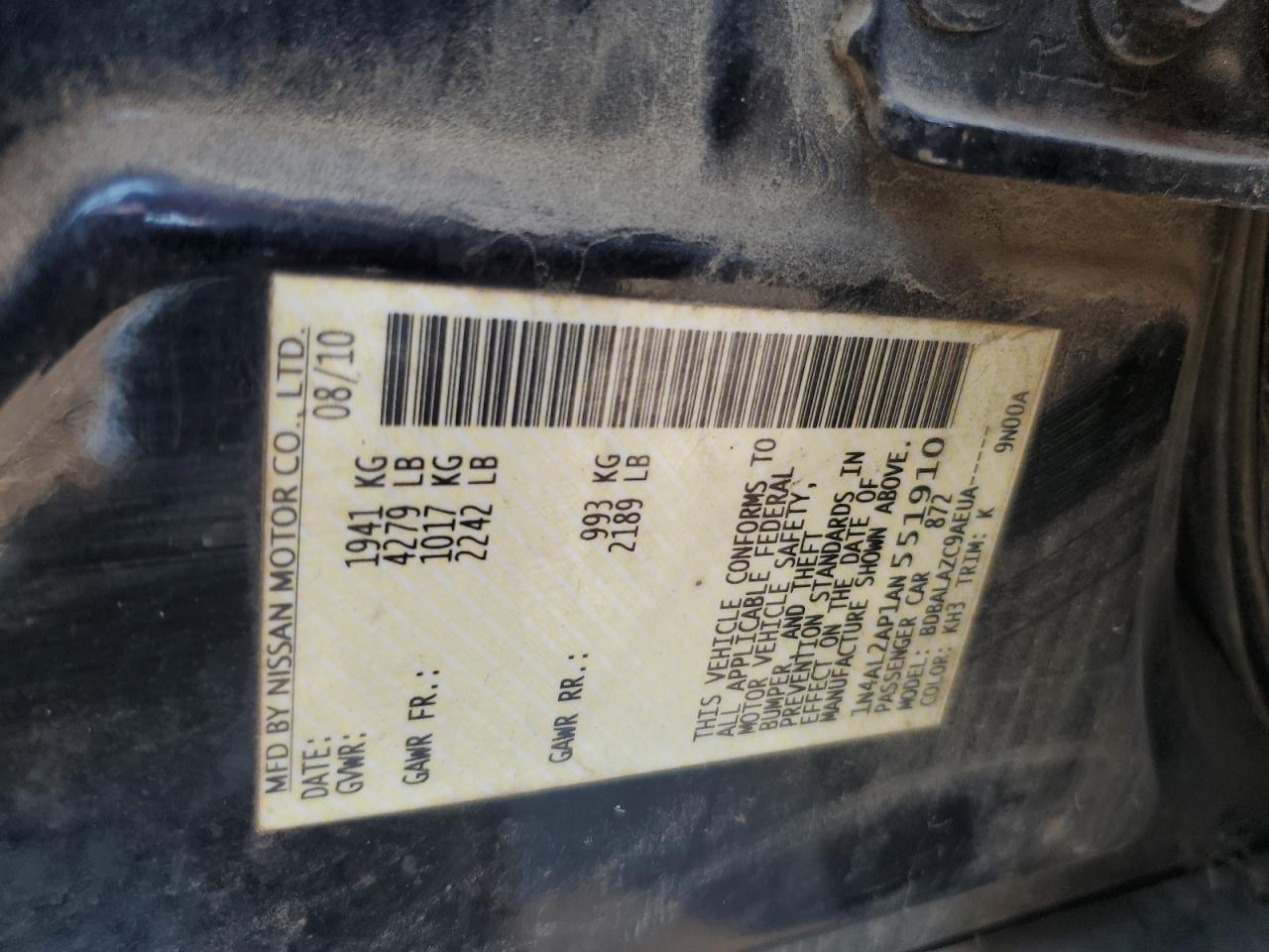 2010 Nissan Altima Base VIN: 1N4AL2AP1AN551910 Lot: 69474015