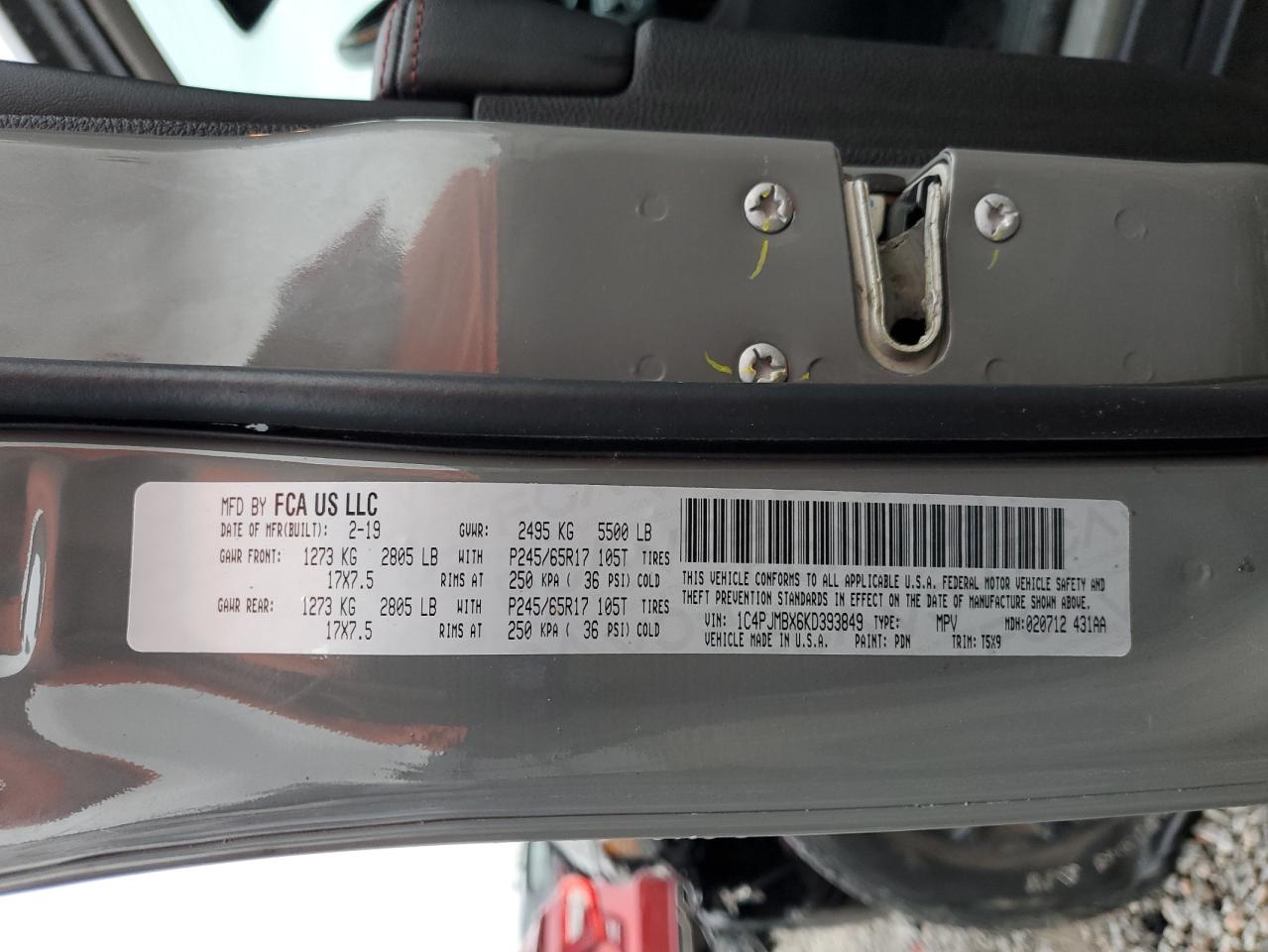 2019 Jeep Cherokee Trailhawk VIN: 1C4PJMBX6KD393849 Lot: 66951965