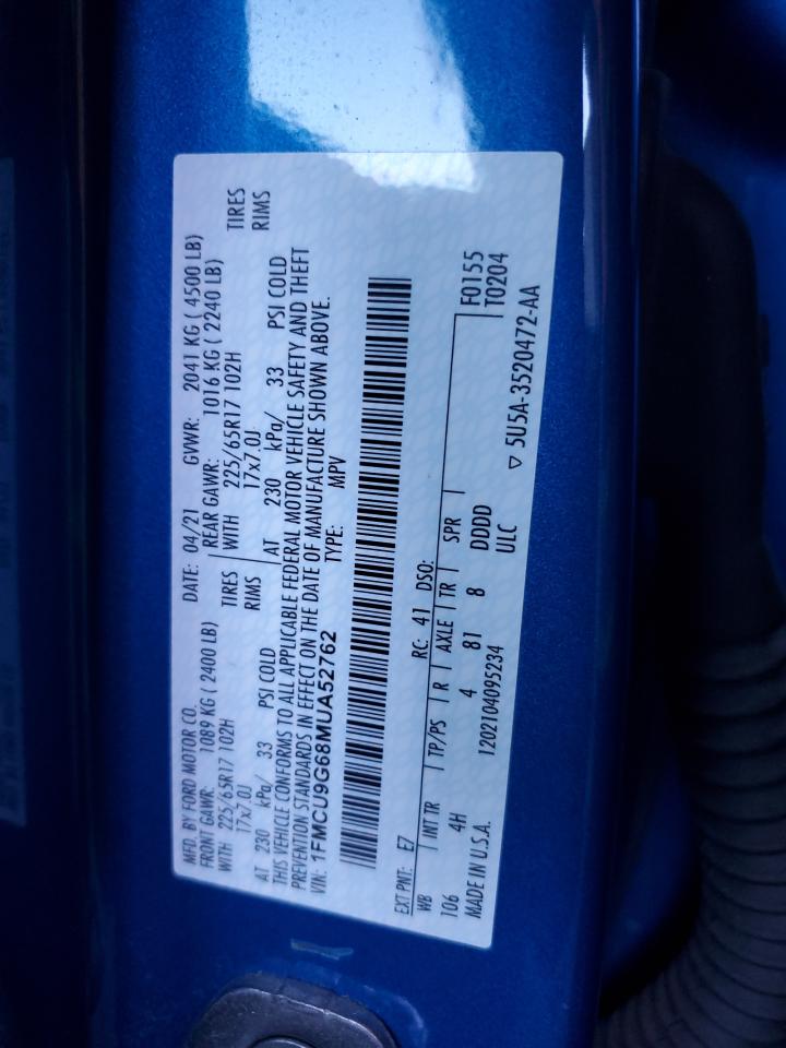 2021 Ford Escape Se VIN: 1FMCU9G68MUA52762 Lot: 71934115