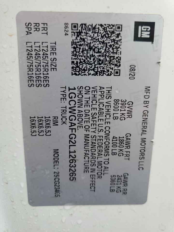 2020 Chevrolet Express G2500 VIN: 1GCWGAFG2L1263265 Lot: 68160305