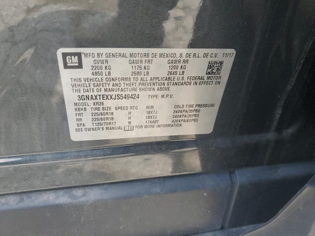 2018 Chevrolet Equinox Lt VIN: 3GNAXTEXXJS549424 Lot: 68072035