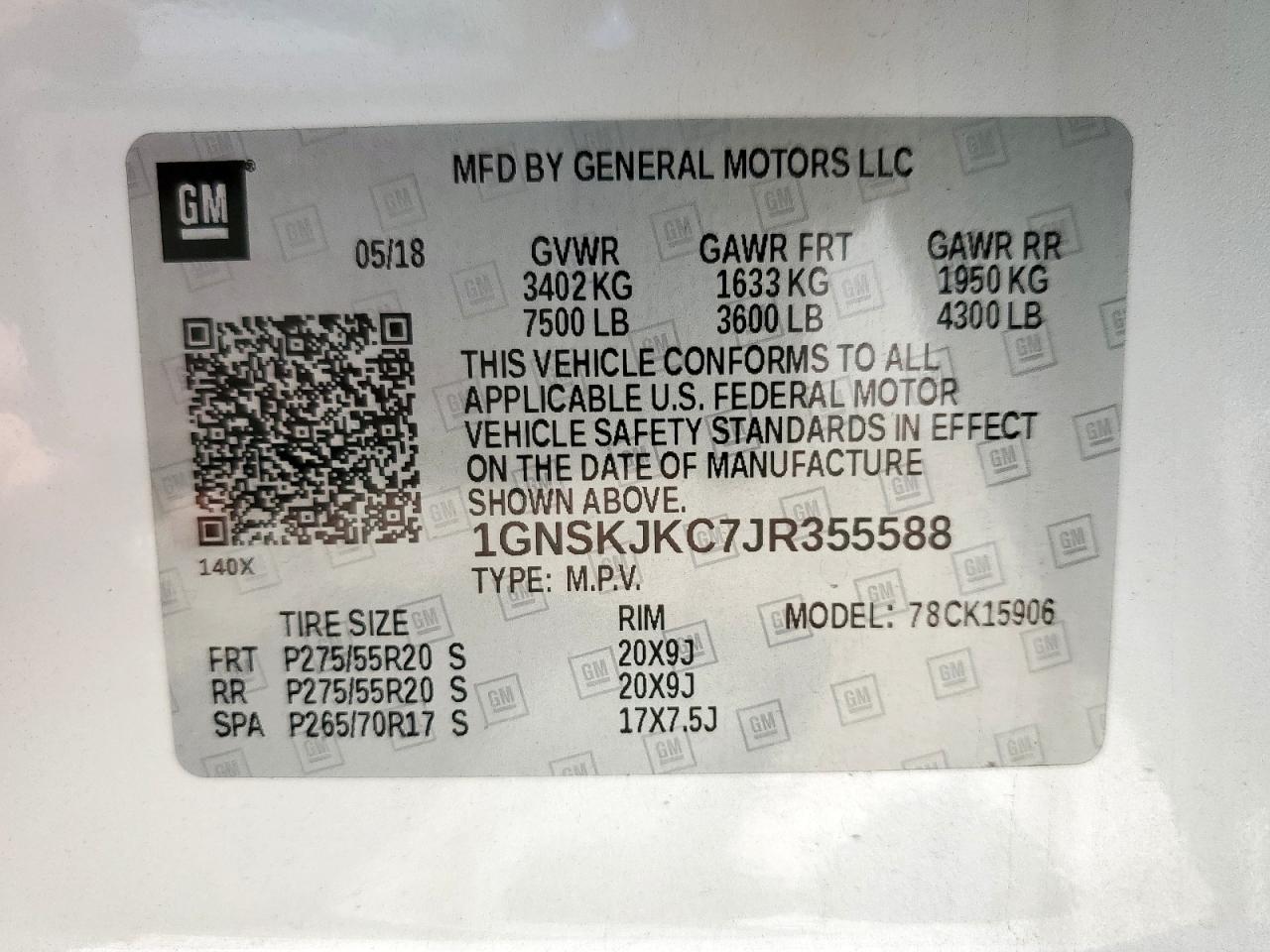 2018 Chevrolet Suburban K1500 Premier VIN: 1GNSKJKC7JR355588 Lot: 68541705