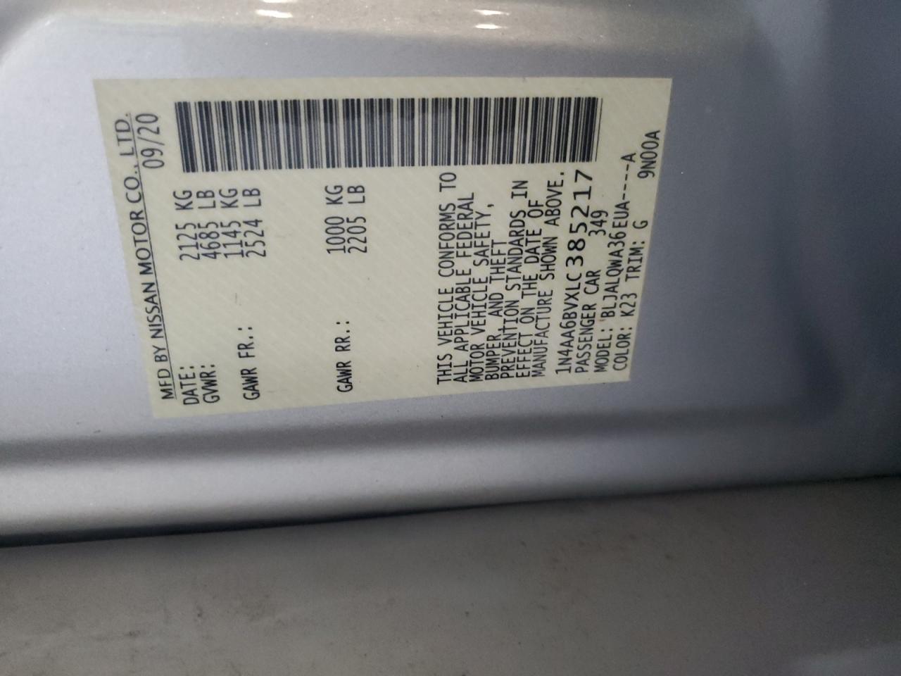 2020 Nissan Maxima S VIN: 1N4AA6BVXLC385217 Lot: 68628325