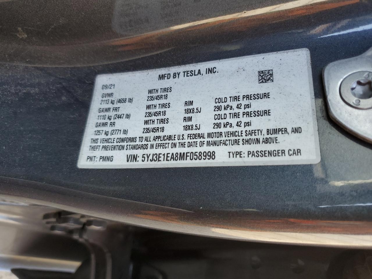 2021 Tesla Model 3 VIN: 5YJ3E1EA8MF058998 Lot: 67642585