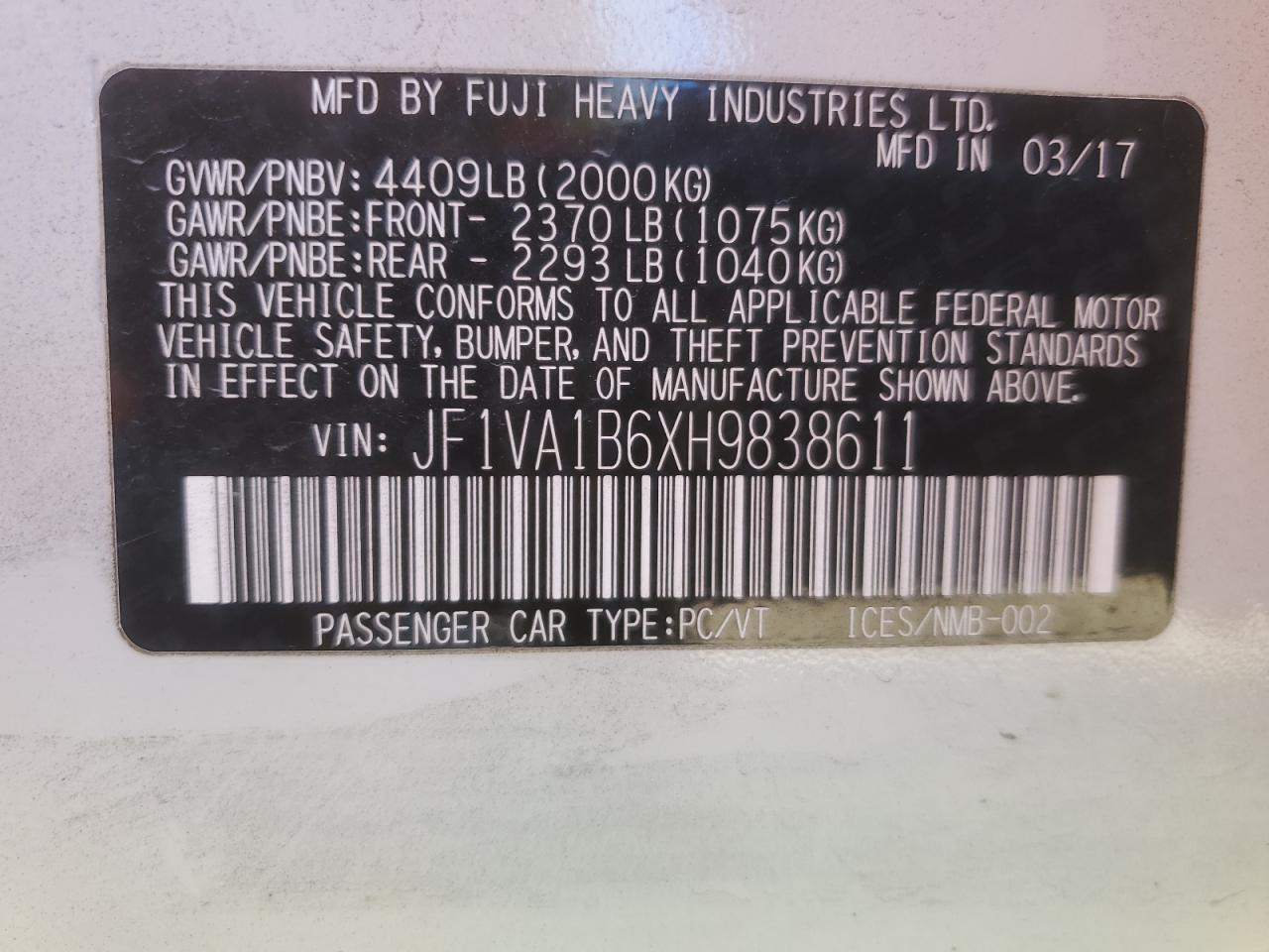 2017 Subaru Wrx VIN: JF1VA1B6XH9838611 Lot: 70913375