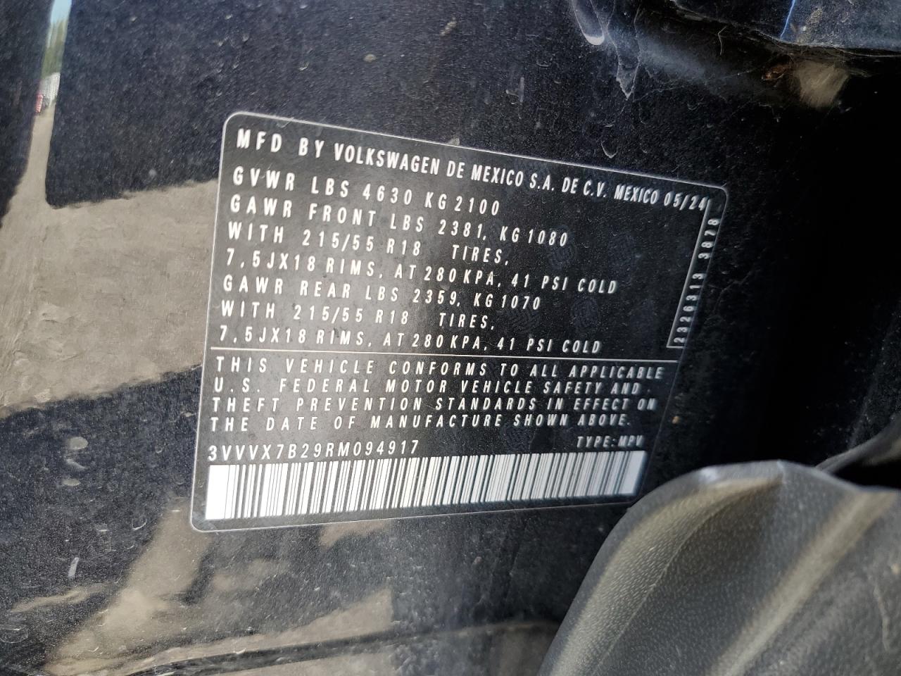 2024 Volkswagen Taos Se VIN: 3VVVX7B29RM094917 Lot: 70554285