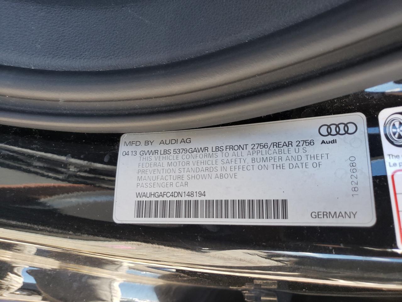 2013 Audi A6 Prestige VIN: WAUHGAFC4DN148194 Lot: 70050145