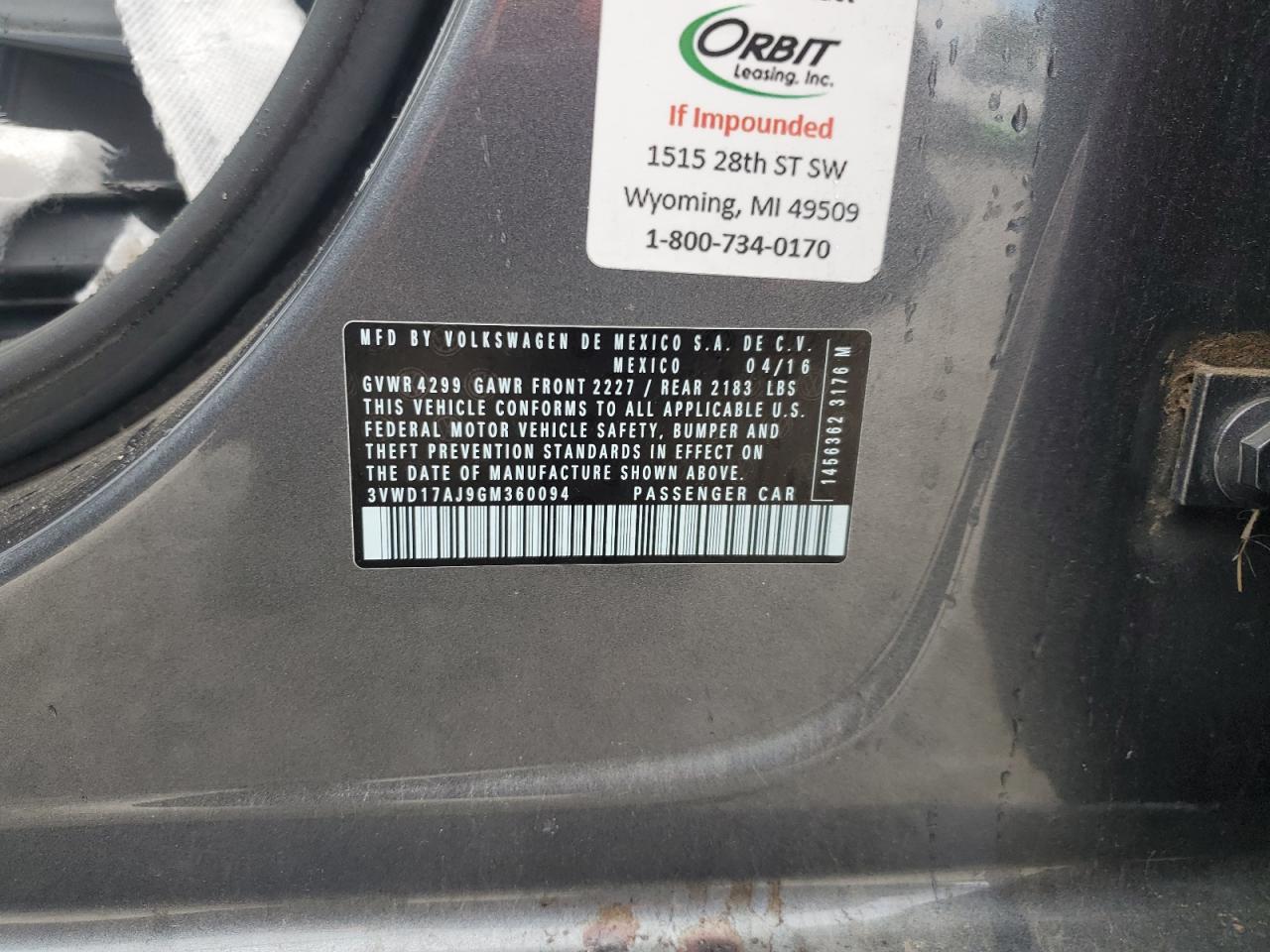 2016 Volkswagen Jetta Sport VIN: 3VWD17AJ9GM360094 Lot: 70530245