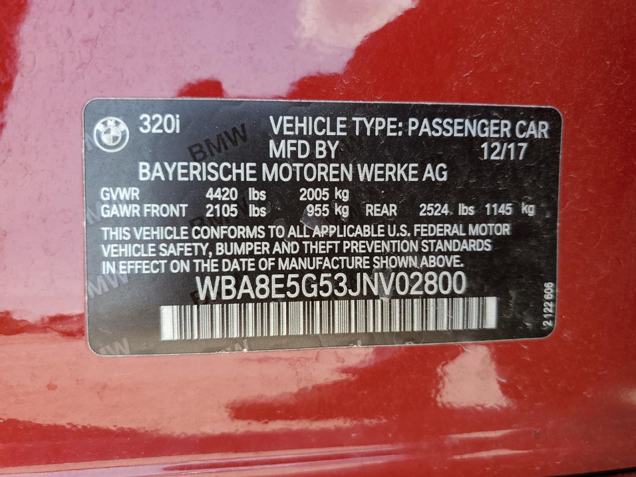 2018 BMW 320 Xi VIN: WBA8E5G53JNV02800 Lot: 68965555