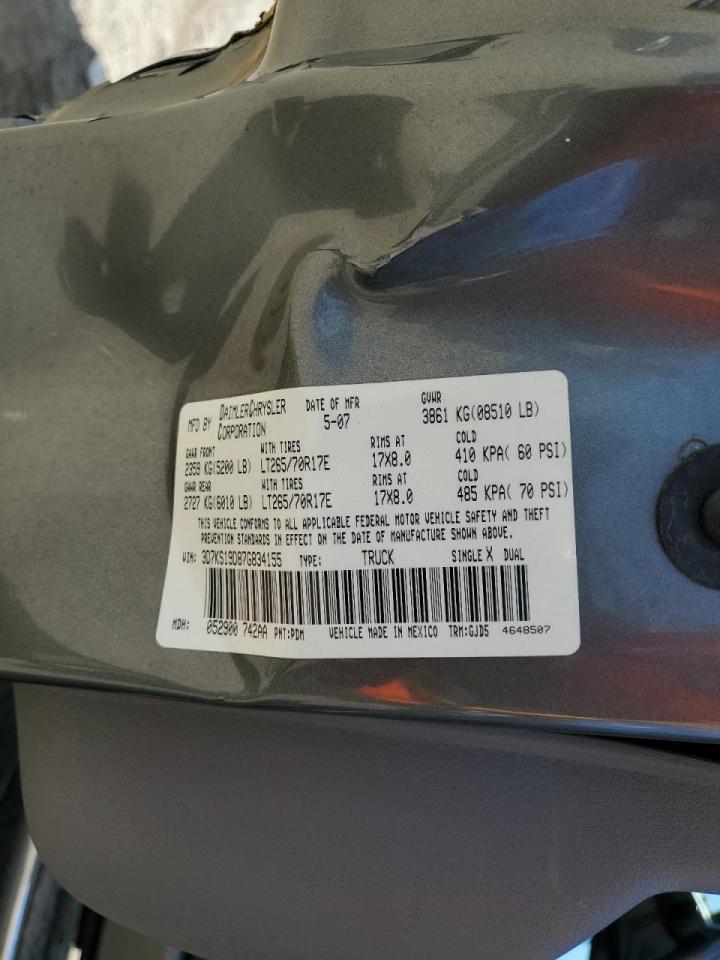 2007 Dodge Ram 1500 VIN: 3D7KS19D87G834155 Lot: 70405295