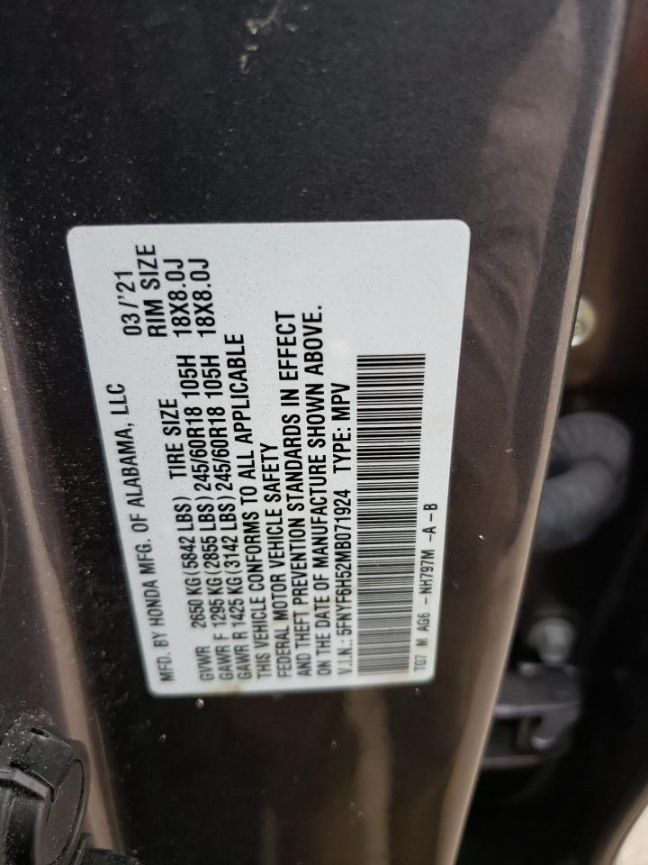 2021 Honda Pilot Exl VIN: 5FNYF6H52MB071924 Lot: 69916365