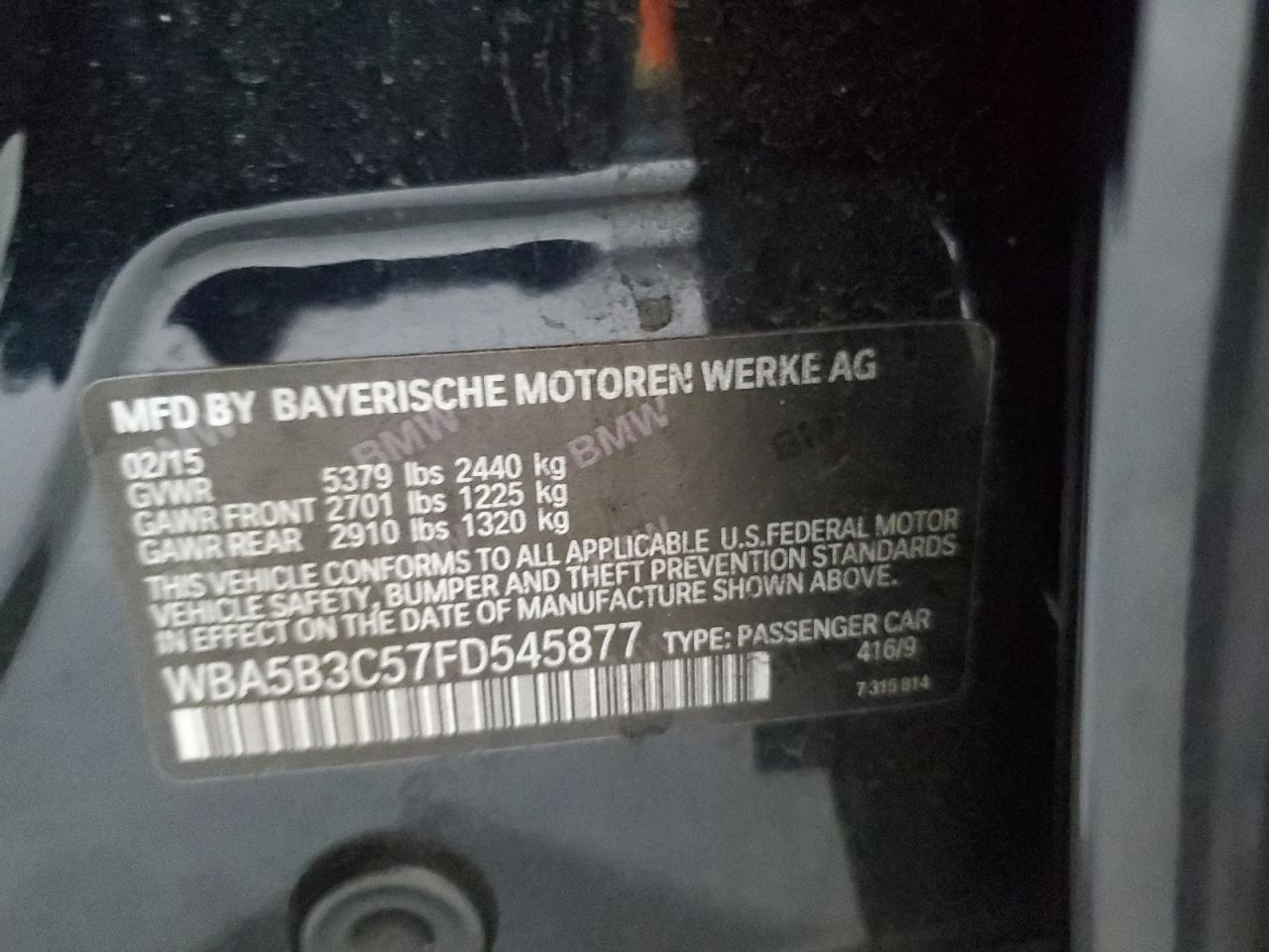 2015 BMW 535 Xi VIN: WBA5B3C57FD545877 Lot: 70600325