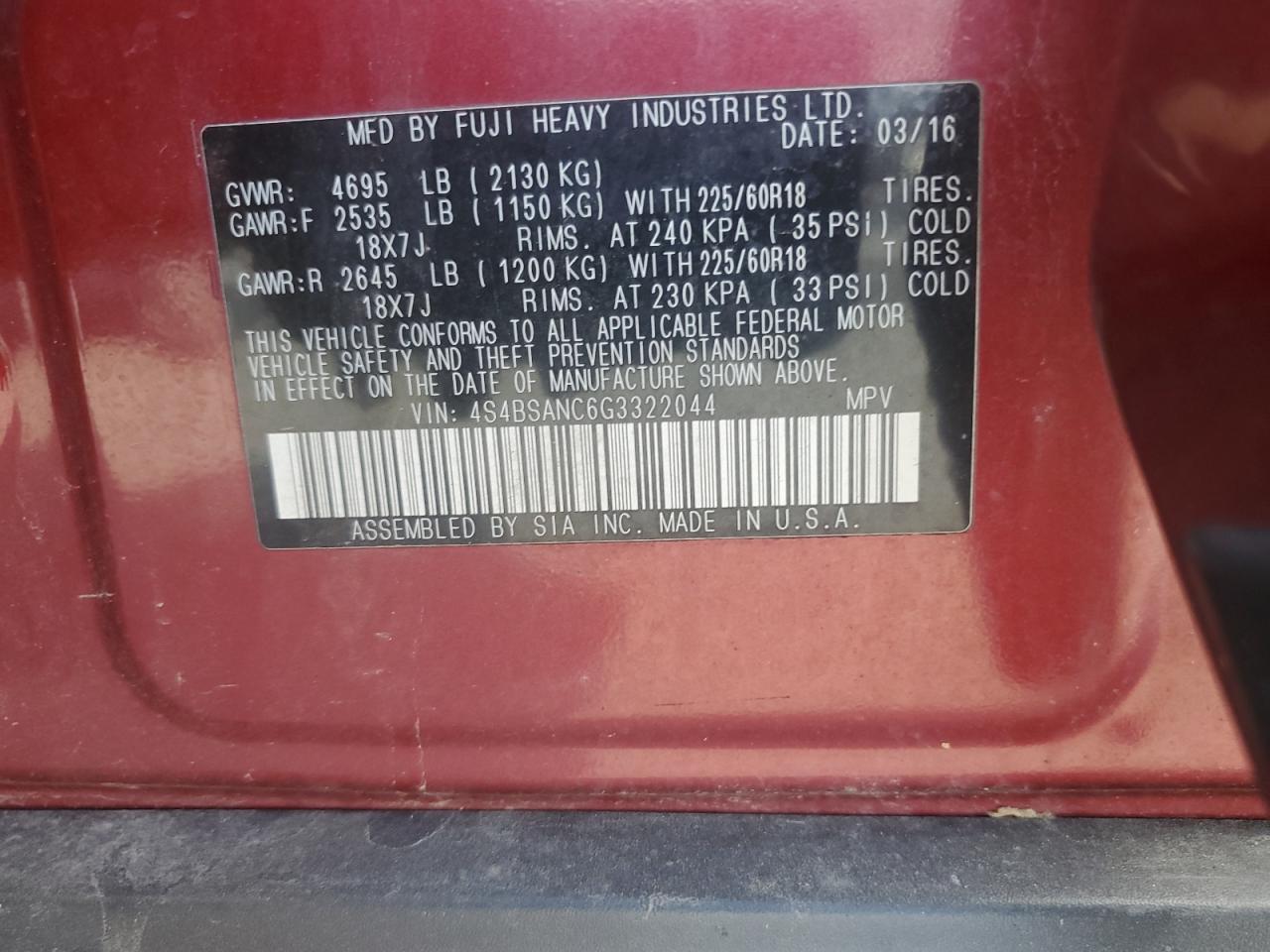 2016 Subaru Outback 2.5I Limited VIN: 4S4BSANC6G3322044 Lot: 69737055