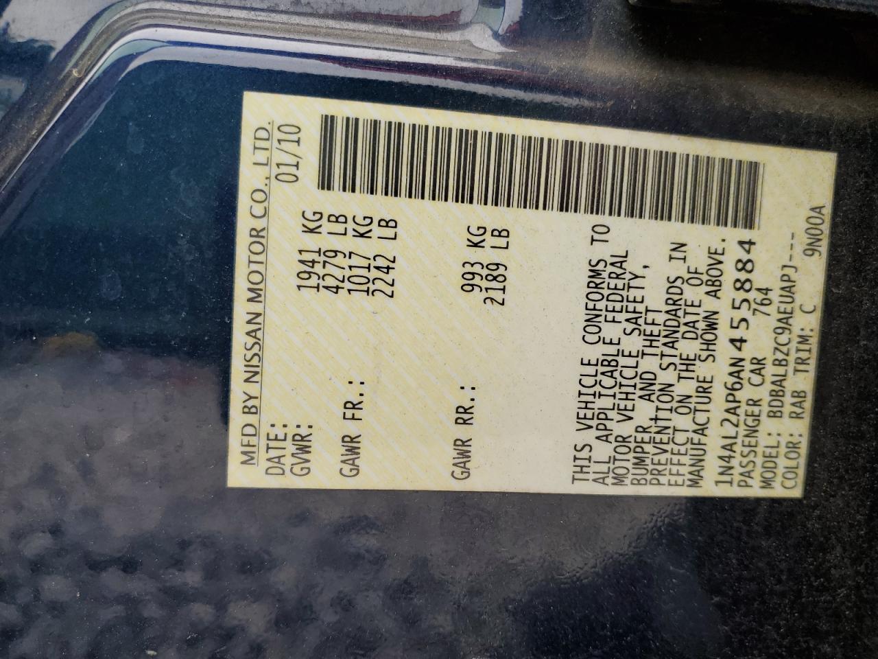 2010 Nissan Altima Base VIN: 1N4AL2AP6AN455884 Lot: 68556235