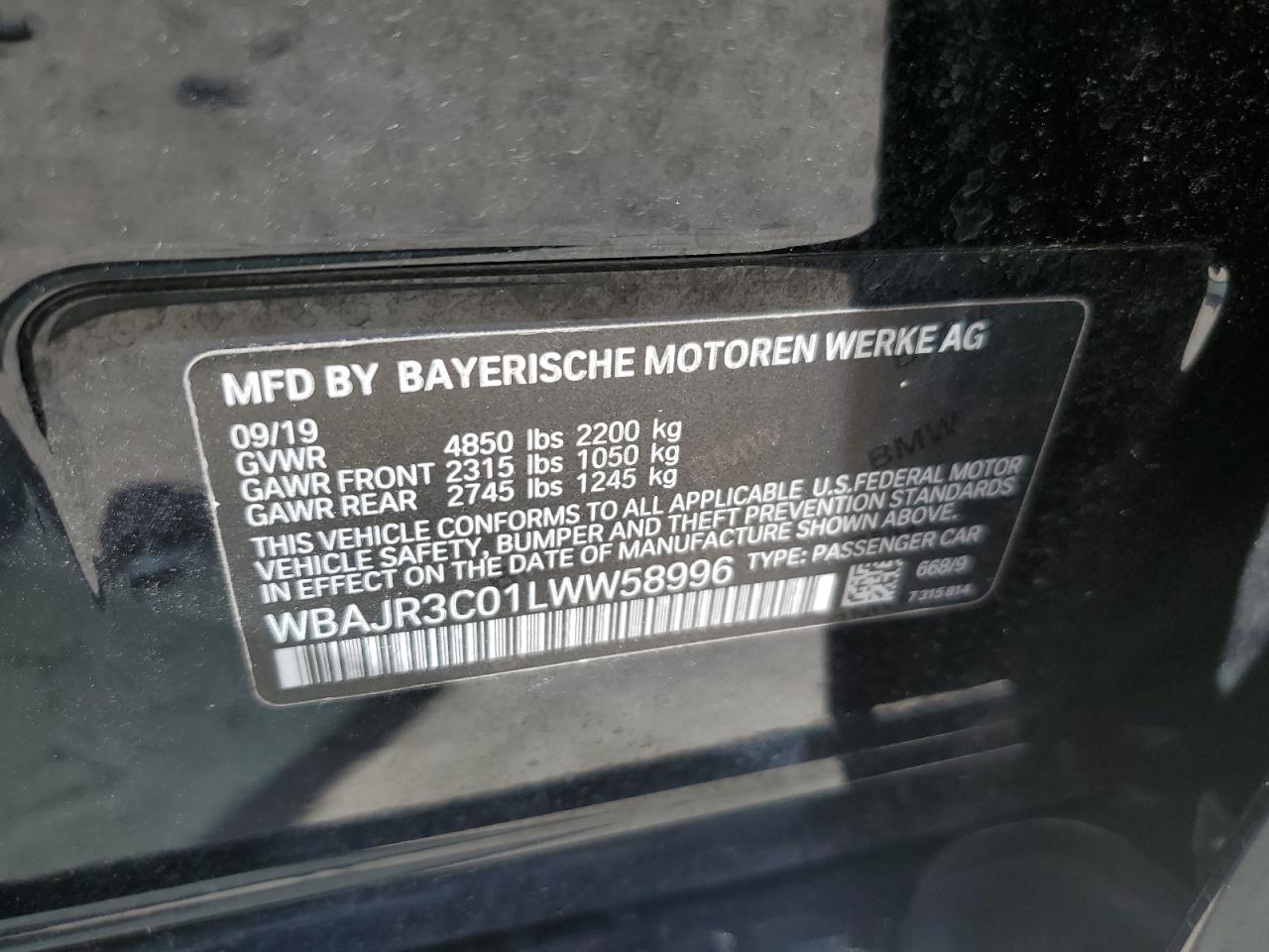 2020 BMW 530 I VIN: WBAJR3C01LWW58996 Lot: 69273675