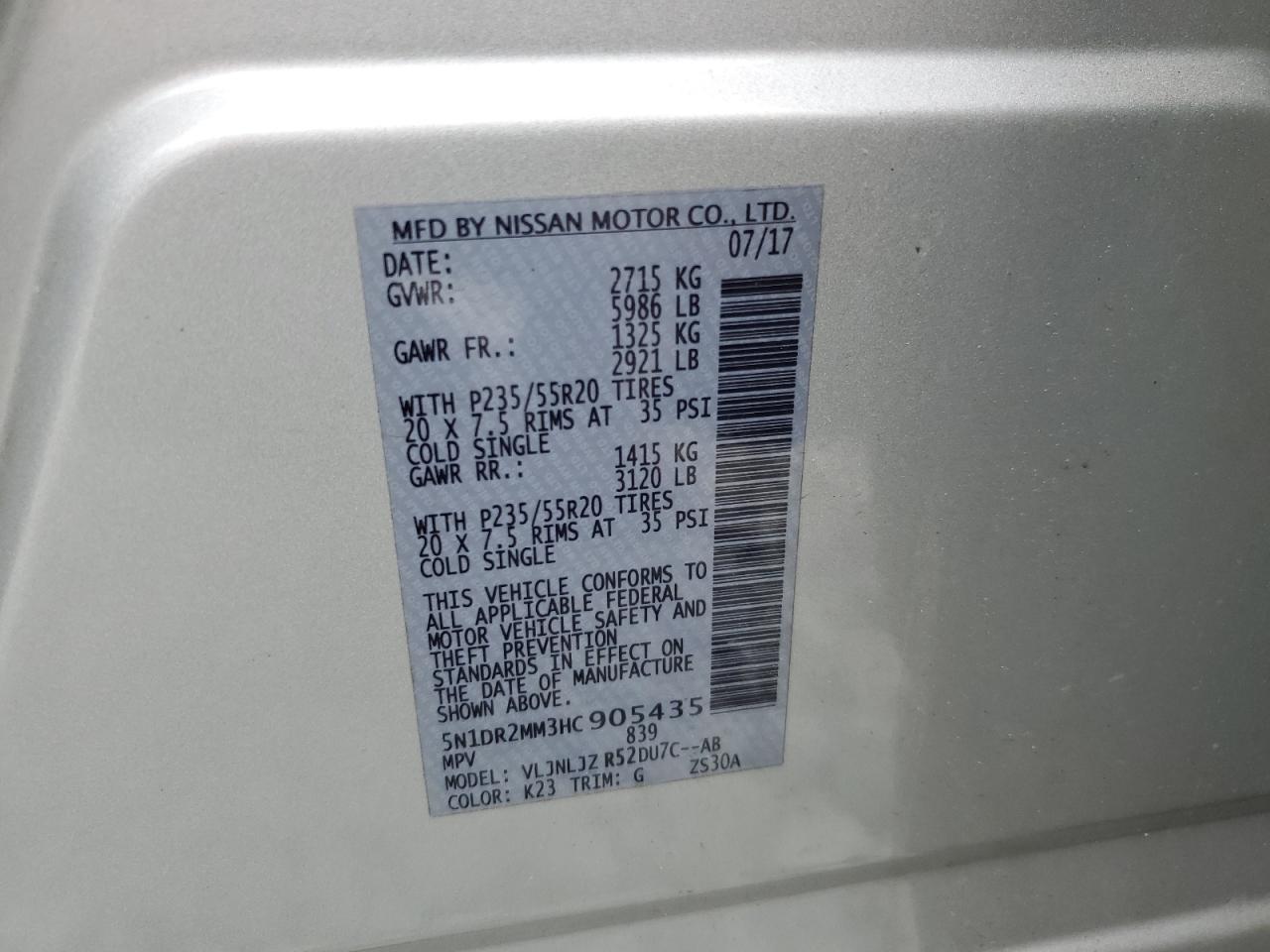 2017 Nissan Pathfinder S VIN: 5N1DR2MM3HC905435 Lot: 69368255