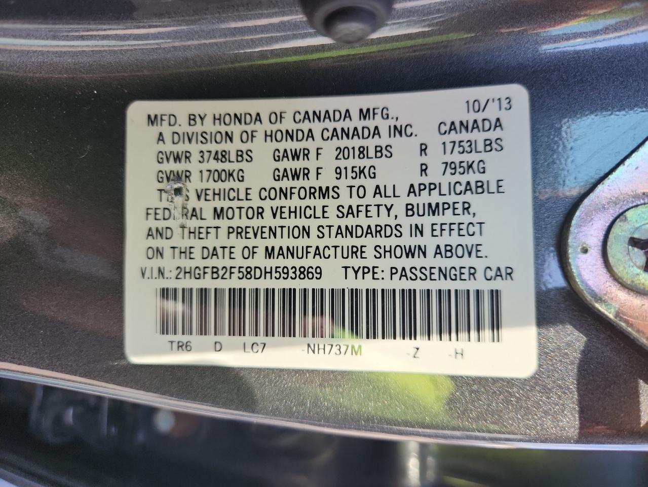 2013 Honda Civic Lx VIN: 2HGFB2F58DH593869 Lot: 68929555