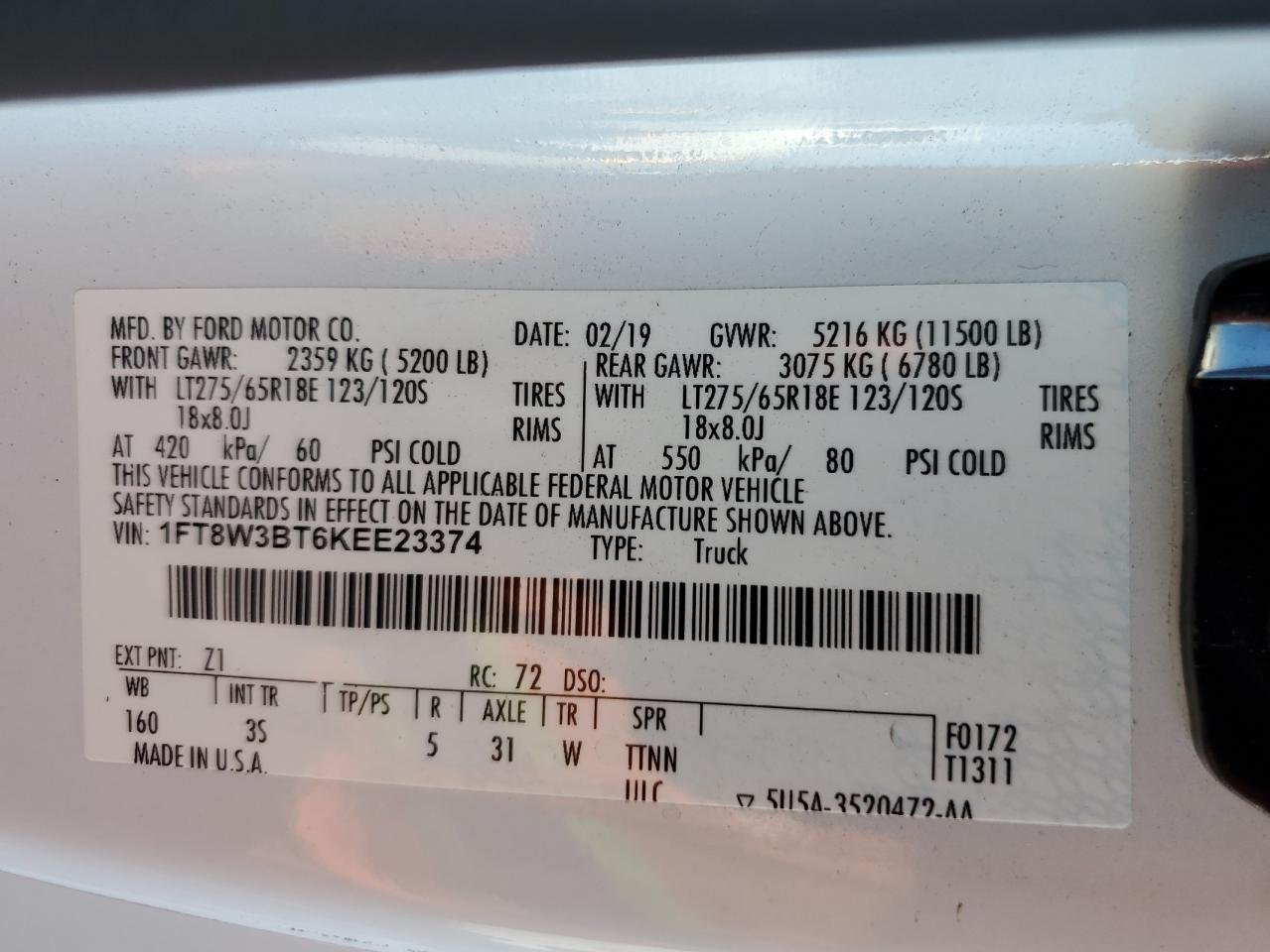 2019 Ford F350 Super Duty VIN: 1FT8W3BT6KEE23374 Lot: 68466225