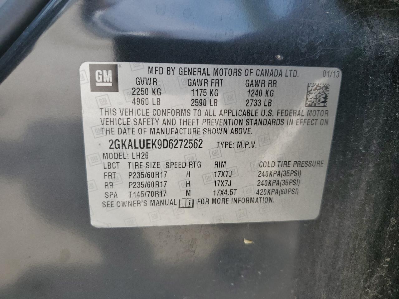 2013 GMC Terrain Slt VIN: 2GKALUEK9D6272562 Lot: 69379605