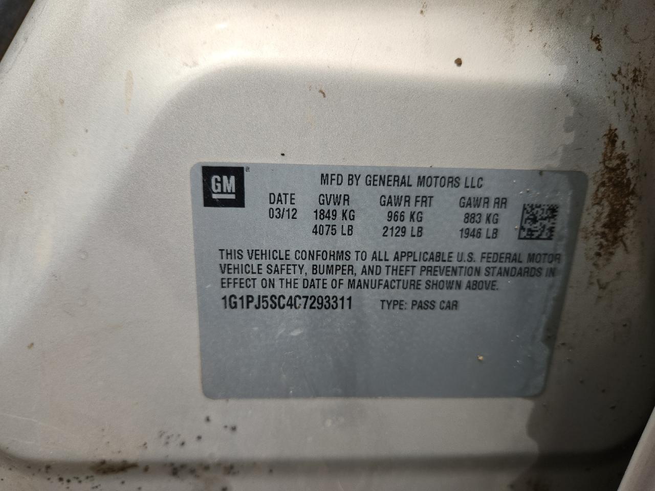 2012 Chevrolet Cruze Eco VIN: 1G1PJ5SC4C7293311 Lot: 70288375