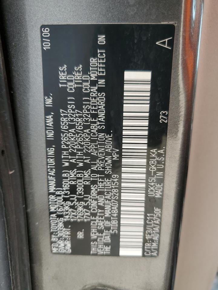 2007 Toyota Sequoia Limited VIN: 5TDBT48A07S281549 Lot: 67915585