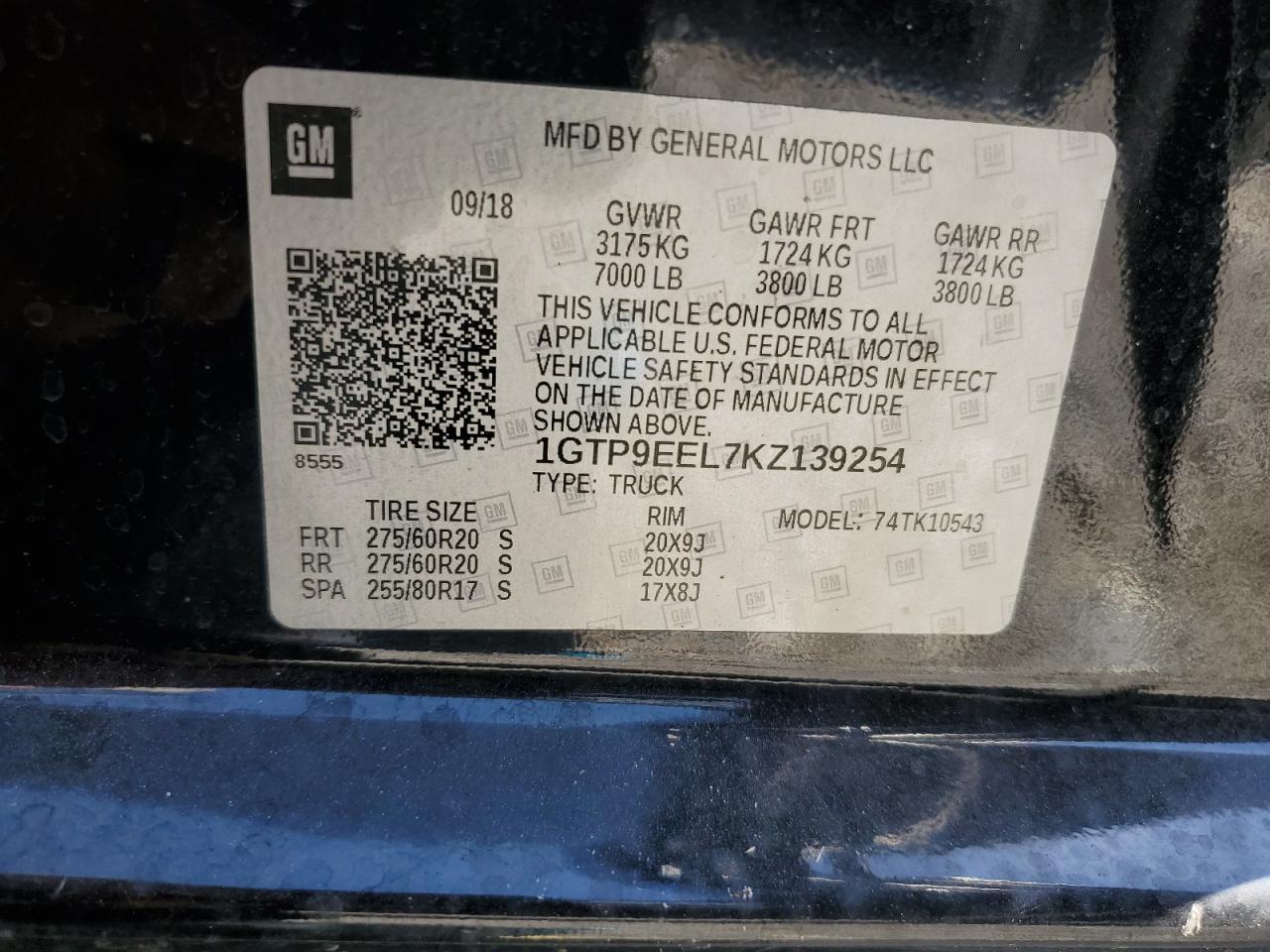 2019 GMC Sierra K1500 At4 VIN: 1GTP9EEL7KZ139254 Lot: 70452865