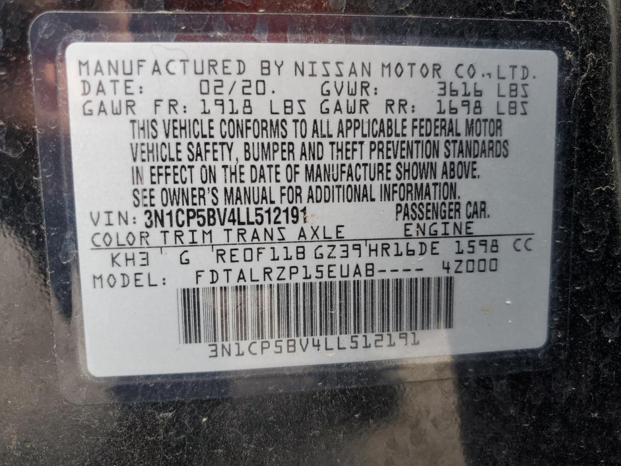 2020 Nissan Kicks S VIN: 3N1CP5BV4LL512191 Lot: 69458605