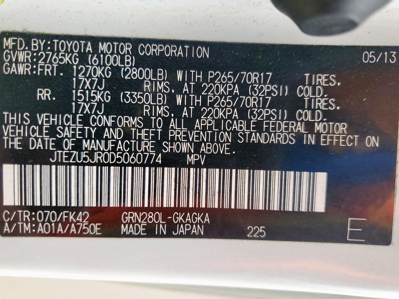 2013 Toyota 4Runner Sr5 VIN: JTEZU5JR0D5060774 Lot: 70493705