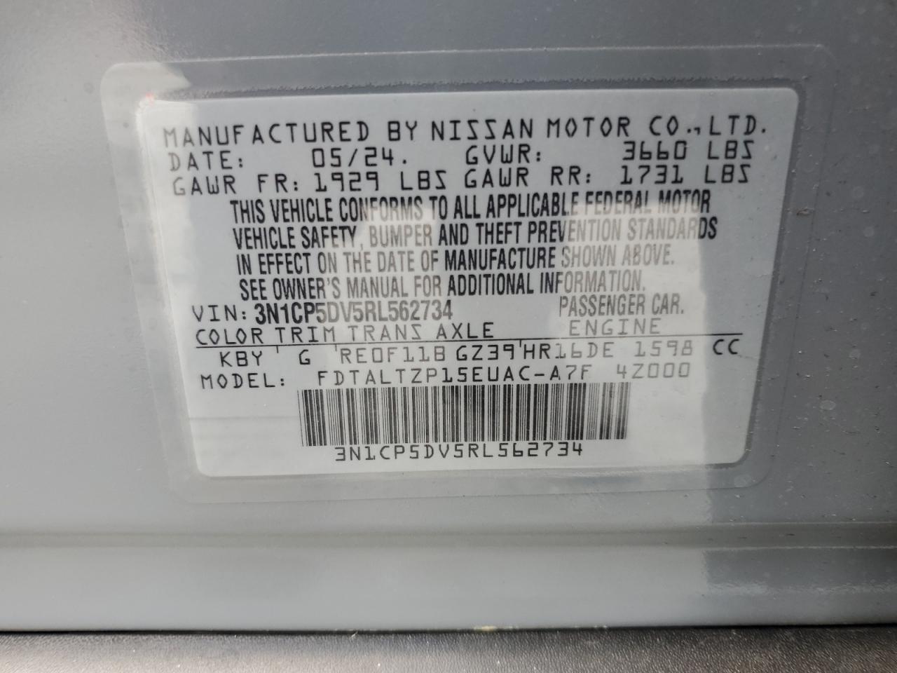 2024 Nissan Kicks Sr VIN: 3N1CP5DV5RL562734 Lot: 68355295