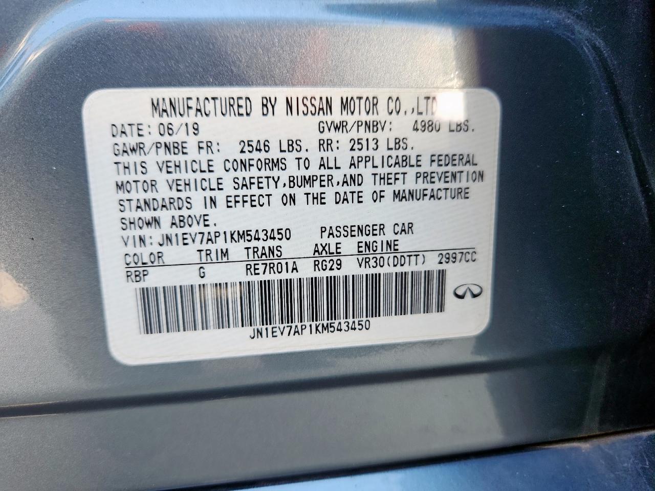 2019 Infiniti Q50 Luxe VIN: JN1EV7AP1KM543450 Lot: 67986715