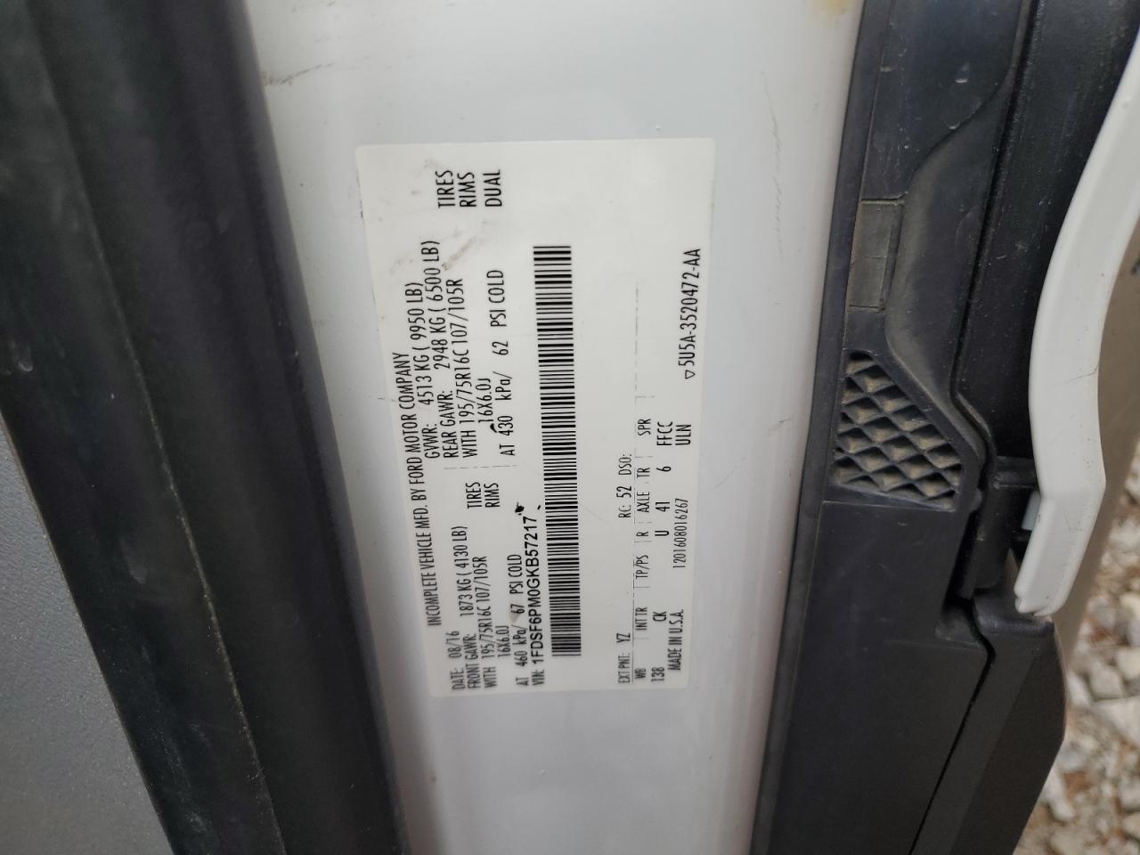 2016 Ford Transit T-350 Hd VIN: 1FDSF6PM0GKB57217 Lot: 67000725