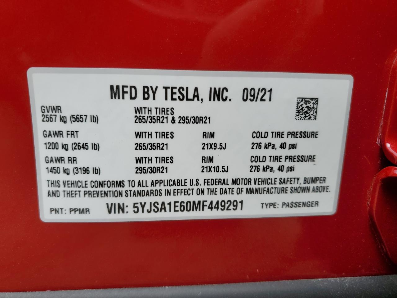 2021 Tesla Model S VIN: 5YJSA1E60MF449291 Lot: 69880335