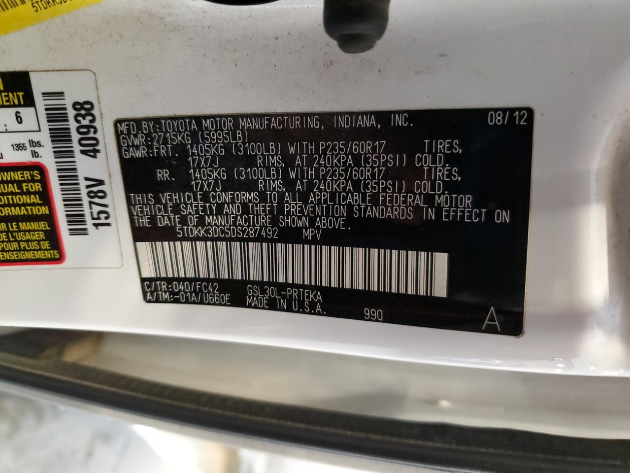 2013 Toyota Sienna Le VIN: 5TDKK3DC5DS287492 Lot: 68763385