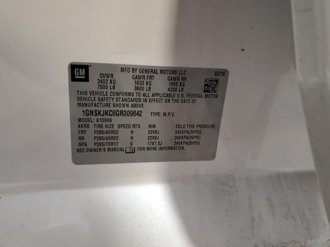 2016 Chevrolet Suburban K1500 Ltz VIN: 1GNSKJKC6GR309842 Lot: 70522125