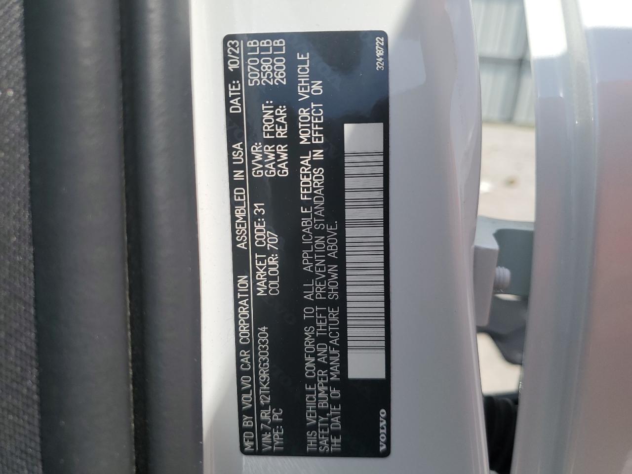 2024 Volvo S60 Core VIN: 7JRL12TK9RG303304 Lot: 69133205