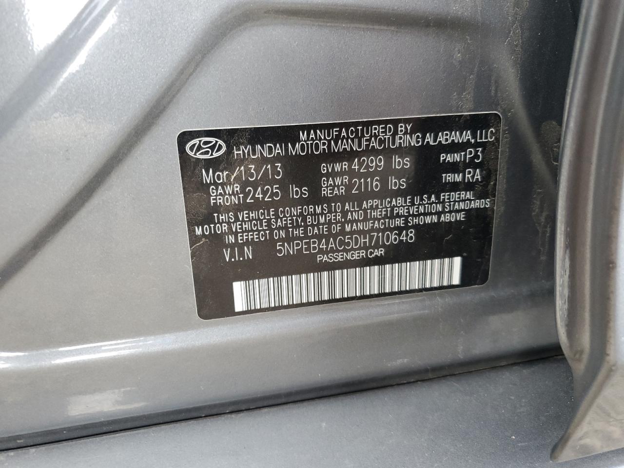 2013 Hyundai Sonata Gls VIN: 5NPEB4AC5DH710648 Lot: 69773105