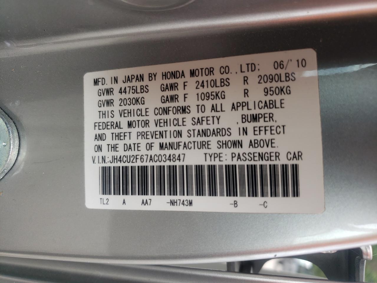 2010 Acura Tsx VIN: JH4CU2F67AC034847 Lot: 69878455