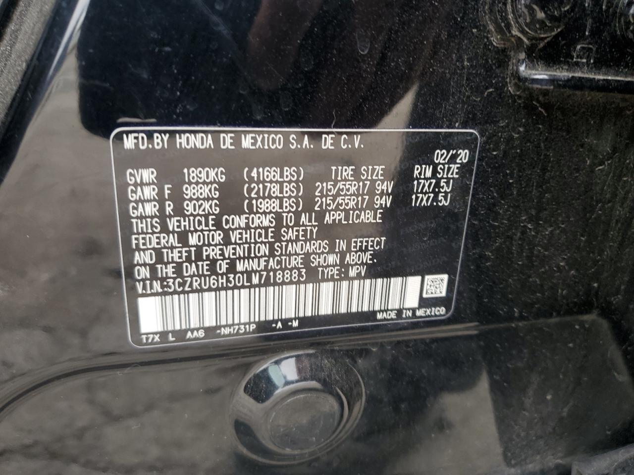 2020 Honda Hr-V Lx VIN: 3CZRU6H30LM718883 Lot: 69409245